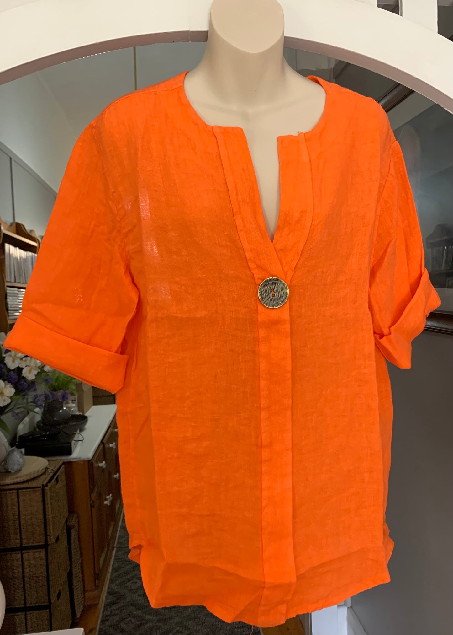 LaStrada Linen V-Neck One Button Top Orange
